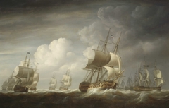 A fleet of East Indiamen at sea