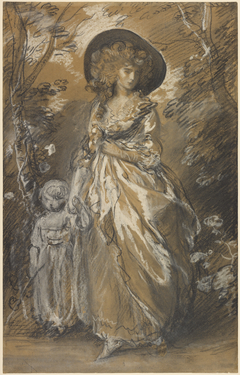 A Lady Walking in a Garden with a Child