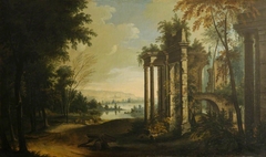 A Landscape with a River and Classical Ruins by Johann Heinrich Müntz