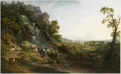 A Landscape with Travellers and Cattle Crossing a Bridge by a Waterfall by Thomas Roberts