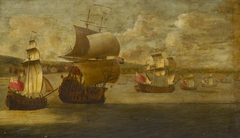 A man-of-war and other vessels in the Thames by Isaac Sailmaker