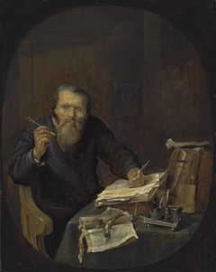 A notary sharpening his pen, in an interior by Gabriël Metsu