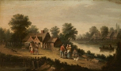A River Landscape with Figures in a Boat and Others in the foreground by Anonymous