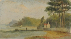 A river scene with house and jetty by Arthur Wellington Fowles