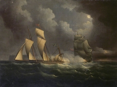 A smuggling lugger chased by a naval brig