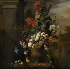 A stone vase of flowers