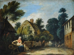 A Woman spinning in a Farmyard Setting by manner of Francis Wheatley