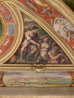 Allegory of Pisa; to the bottom, view of Siena by Giorgio Vasari