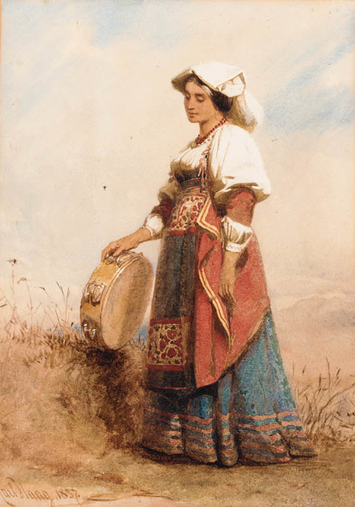 An Italian woman holding a tambourine