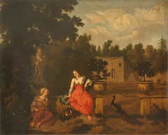 An Old Woman and a Young Girl in a Garden (Vertumnus and Pomona, with Juno's Peacock) by Dirck van der Bergen