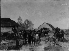 Bauernfuhrwerke und Pferde an der Tränke by Gregor von Bochmann