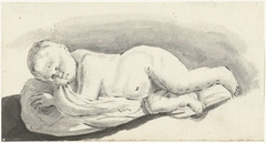 Beeld van slapend kind, liggend op een kussen by Moses ter Borch