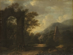 Bergige Landschaft mit Aquädukt, Pyramide und Personenstaffage by Johann Franz Ermels