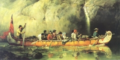 Canoe Manned by Voyageurs Passing a Waterfall (Canada).