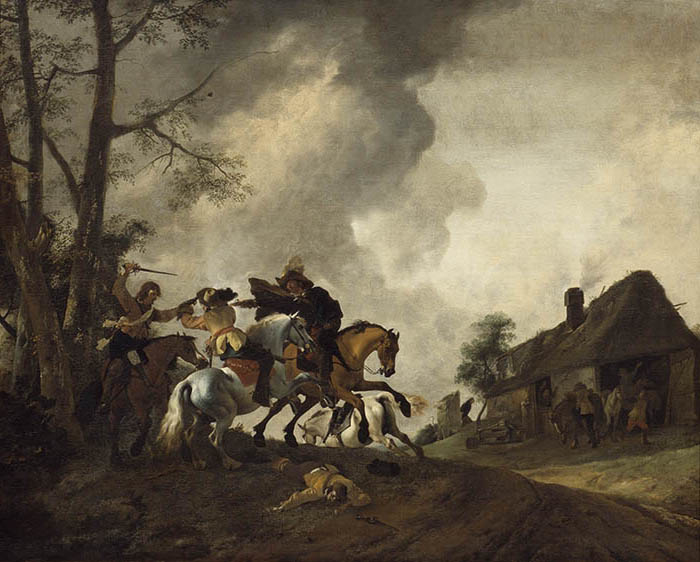 Cavalry Skirmish by a Farmhouse