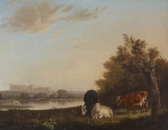 Distant View of Windsor Castle, with Cows by the River by Edmund Bristow