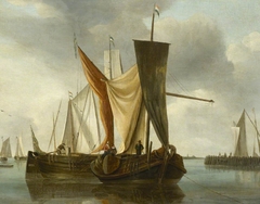 Dutch fishing boats becalmed near a jetty