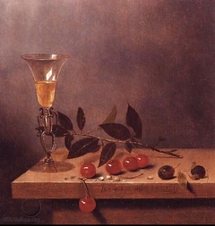 Façon de Venise wine glass and cherries on wooden table by Jan Jansz van de Velde
