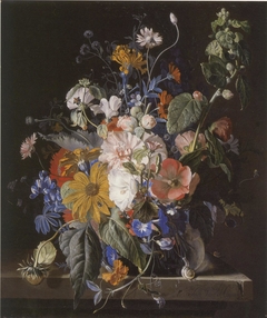Flower still-life and snails on a stone ledge