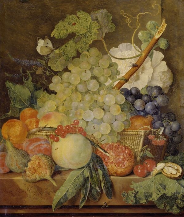 Fruit on a marble table and a basket with flowers and a butterfly