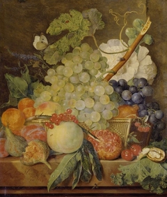 Fruit on a marble table and a basket with flowers and a butterfly by Jan van Huysum