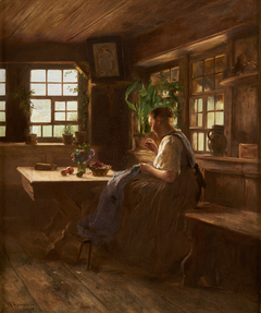 Gutach Girl in a Sitting Room, Sewing by Wilhelm Hasemann