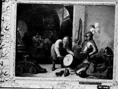 Interieur met soldaten en een jongen met een trommel by David Teniers the Younger