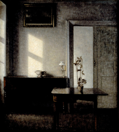 Interior with potted plant on card table, Bredgade 25