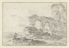 Italiaans landschap met ruïnes en enkele figuren by Unknown Artist