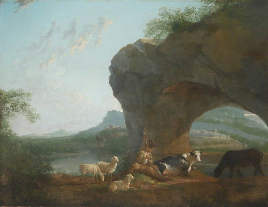 Italianate Landscape with a Herdsman and Three Sheep and Two Cows under a Rock Arch