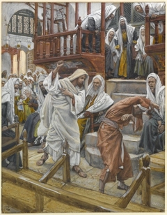 Jesus Chases a Possessed Man from the Synagogue by James Tissot