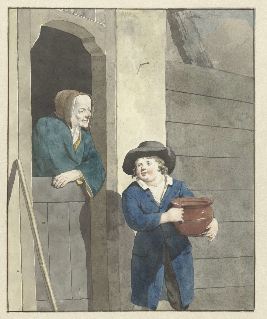Jongen met een pot bij een vrouw leunend op een onderdeur