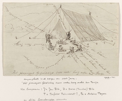 Kampeerplaats in de bergen van West-Java; vier Europeanen en drie Soendanese vrouwen drinken bij een vuur naast een tent by Jannes Theodorus Bik