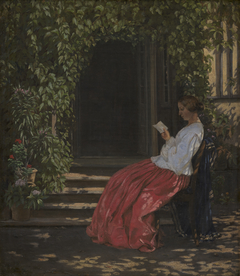 Læsende dame uden for en havedør by Vilhelm Kyhn