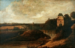 Landscape with moated castle. by Jacob Knijff