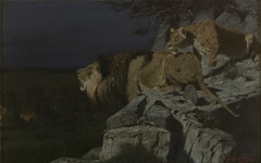 Leeuwenpaar loerend naar nachtelijk kampvuur by Richard Friese