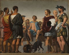 Lycurgus, the Spartan, demonstrates the importance of good education by comparing the behaviour of two dogs by Caesar van Everdingen