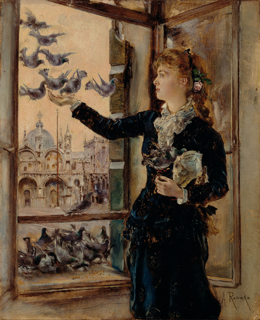 Mädchen an einem Fenster zum Markusplatz, Tauben fütternd