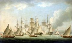 Mahratta pirates attacking the sloop 'Aurora', of the Bombay Marine, 1812; end of the action by Thomas Buttersworth