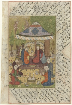 Man en vrouw onder een baldakijn in een tuin, voor hen vier musici by Unknown Artist