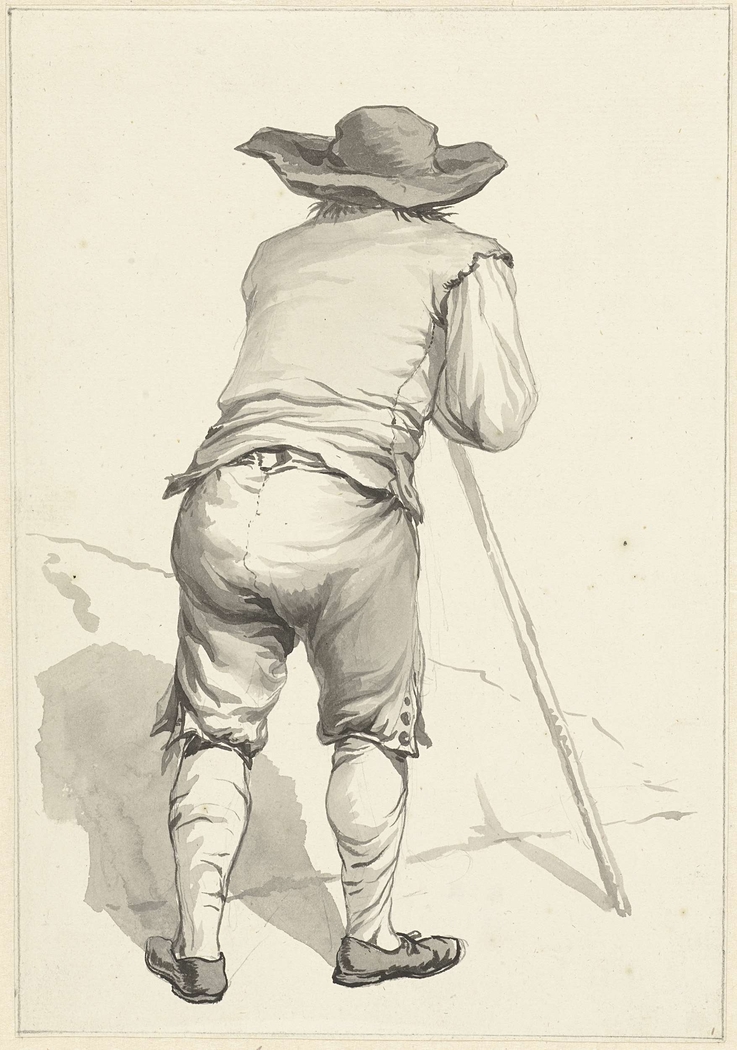 Man vooroverleunend op een stok, op de rug gezien