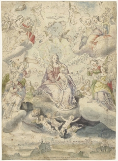 Maria en kind op de wolken te midden van engelen en cherubijnen by Christoph Schwarz