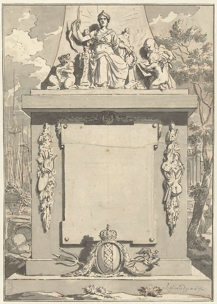 Monument met attributen van Amsterdam, de koopvaart en de kunsten