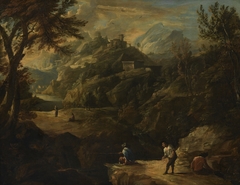 Mountain landscape with castle ruin and fishers by navolger Rosa