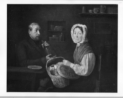 Paar mit Hund in einer Küche am Tisch sitzend by Johann Michael Neder