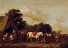 Peasants by a cottage with a horse stalling by Barent Gael