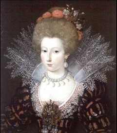 Portrait of a Lady in a high lace collar and jewelled silk costume by Marguerite Bahuche
