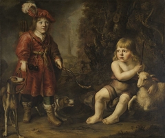 Portrait of two little Boys in a Landscape, one dressed as a Hunter, the other as John the Baptist by Douwe Juwes de Dowe