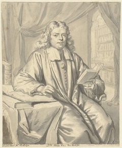 Portret van Dr. Hugo van der Helst in een studeervertrek by Nicolaas Verkolje