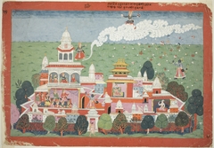 Pradyumna Enters the Palace of the Demon Sambar and Challenges him to Battle, page from a manuscript of the Bhagavata Purana by anonymous painter
